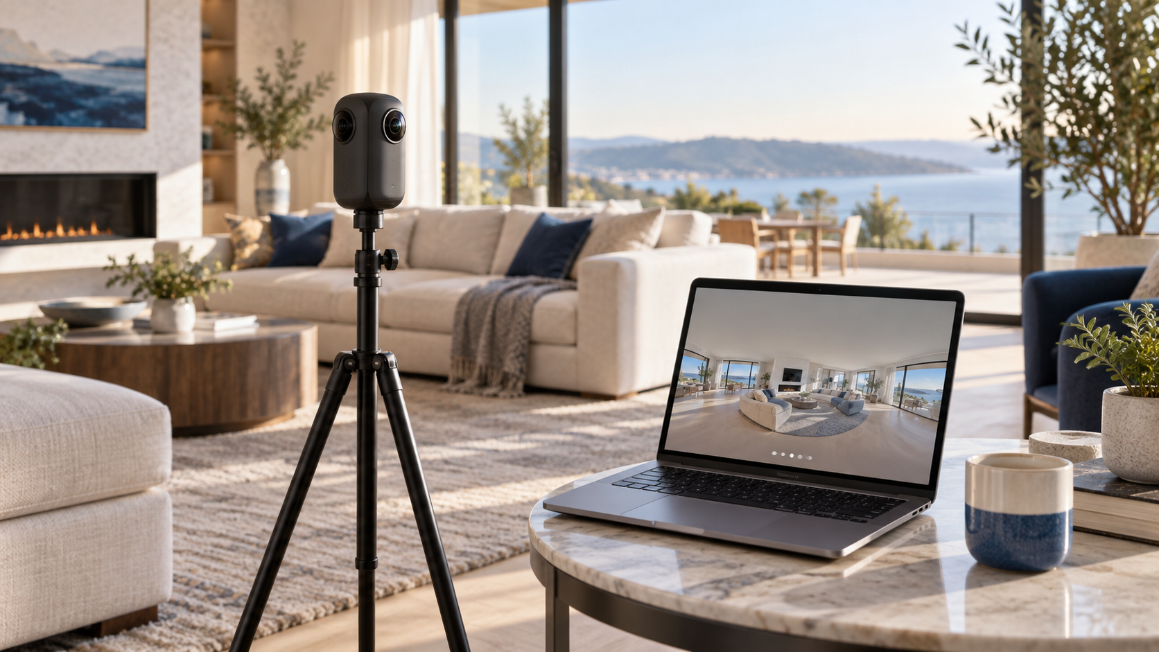 A 360 camera and laptop in a bright living room
